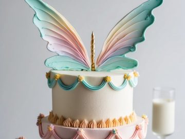 A two-tier cake with pastel butterfly wings on top. The cake is adorned with pink and blue icing swags, gold details, and a unicorn horn. It's displayed on a white stand, surrounded by a glass of milk, a small cupcake, and a bowl of sprinkles.