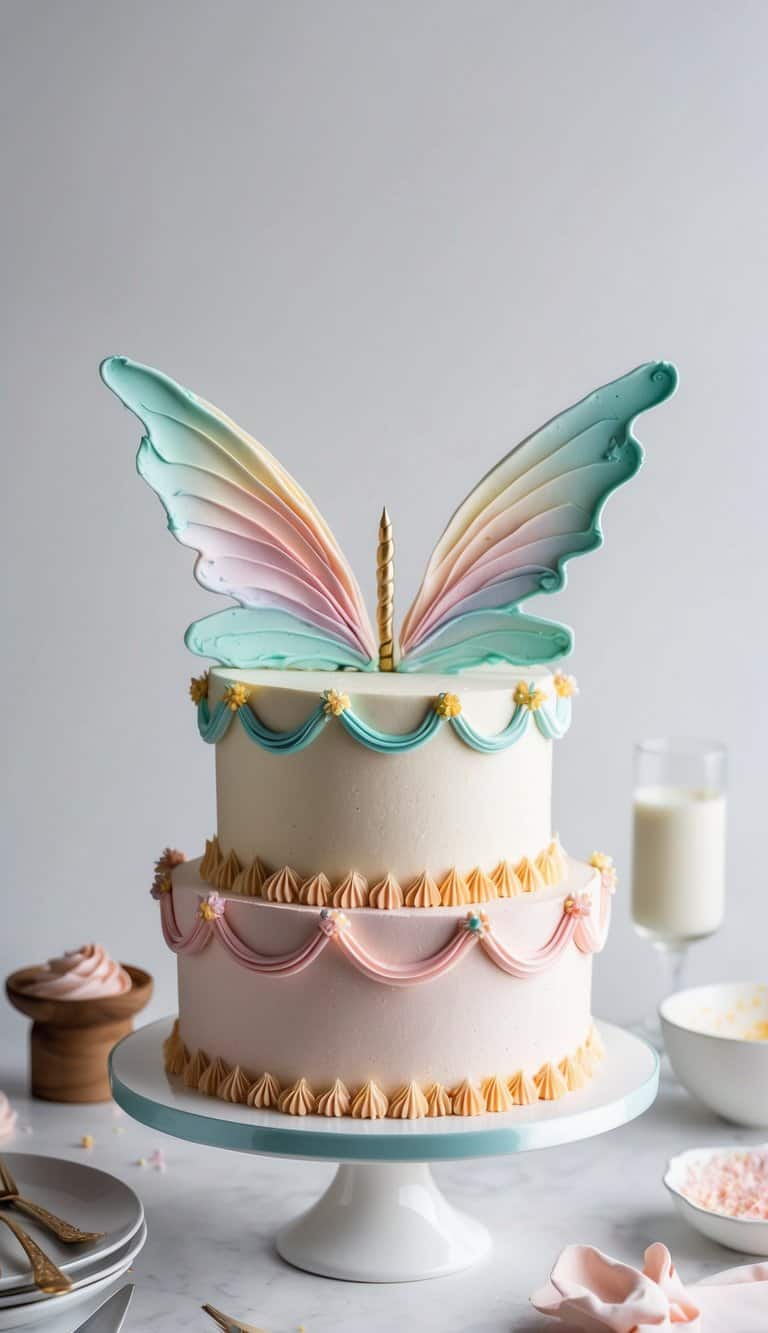 Pastel fondant fairy wings delicately adorn a whimsical birthday cake