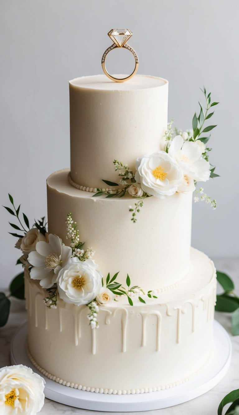 A three-tiered cake with a diamond ring topper surrounded by delicate floral arrangements
