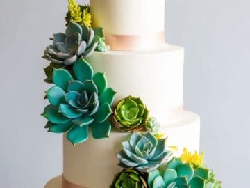 A four-tier white cake decorated with realistic green and blue succulent plants cascading down the side. Each tier is bordered with a beige ribbon, and the cake sits on a white platter.