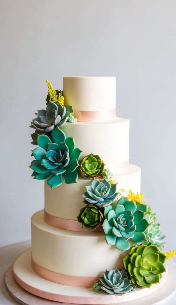 A four-tier white cake decorated with realistic green and blue succulent plants cascading down the side. Each tier is bordered with a beige ribbon, and the cake sits on a white platter.