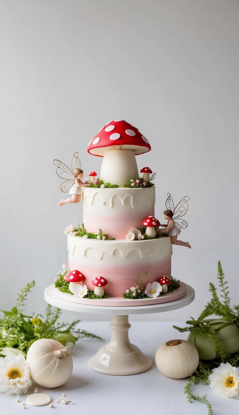 A whimsical toadstool cake with red and white icing stands tall, surrounded by delicate fairy decorations