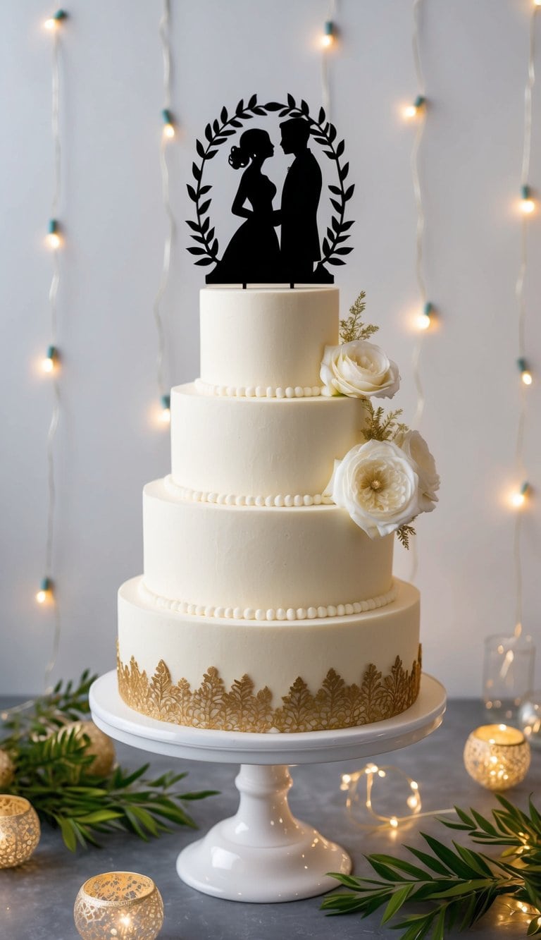 A tiered engagement party cake with elegant silhouette cake toppers amid festive decorations and twinkling lights