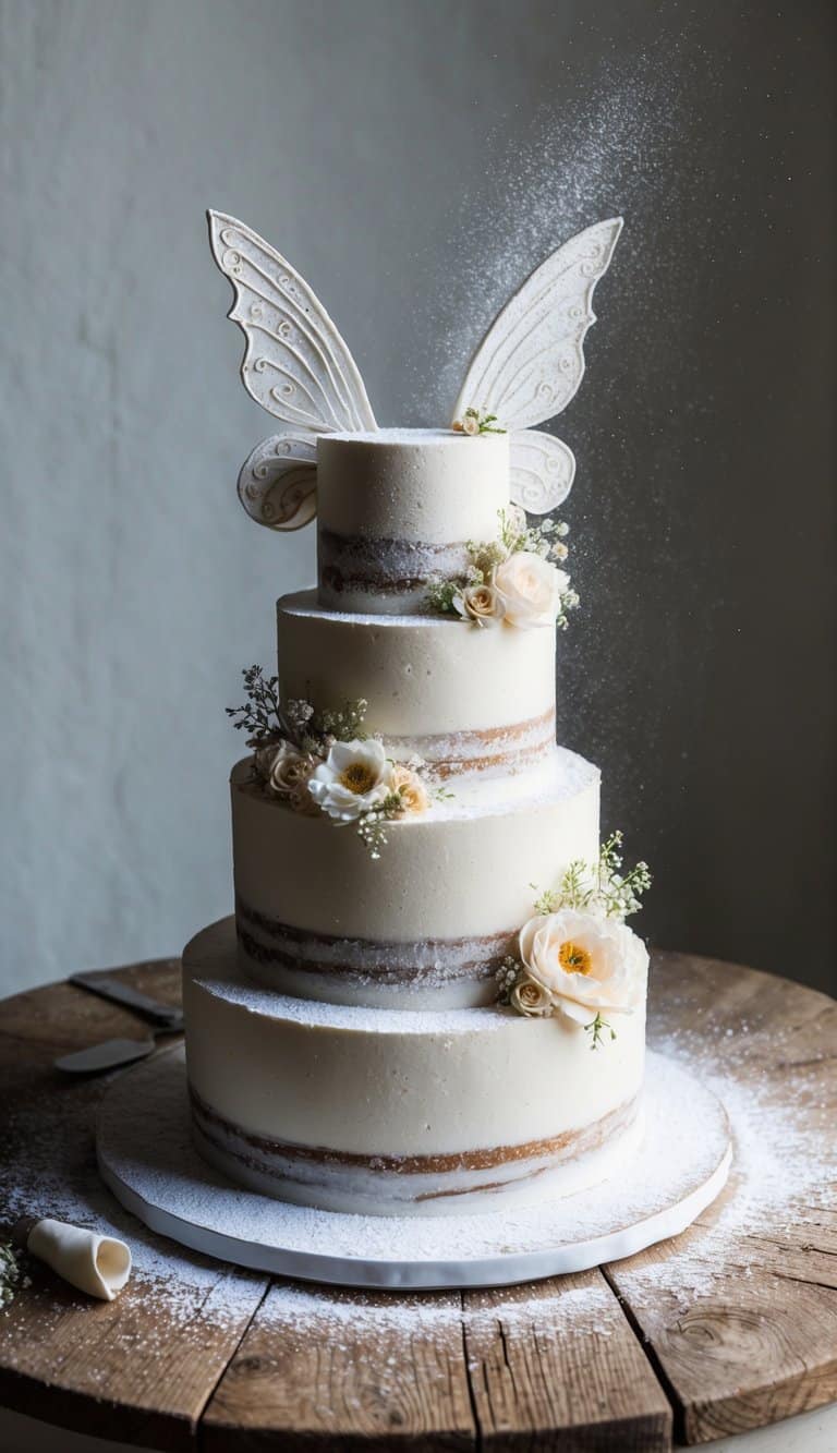 A fairy cake sits on a rustic wooden table, adorned with delicate wings, flowers, and a dusting of powdered sugar for a magical effect