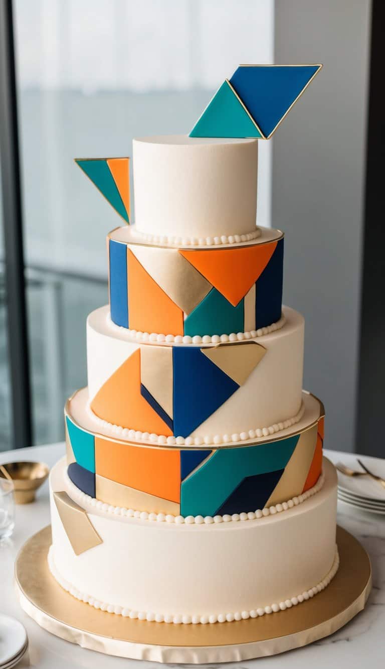 A tiered engagement party cake with bold, abstract designs in vibrant colors, adorned with geometric shapes and metallic accents, set against a modern backdrop