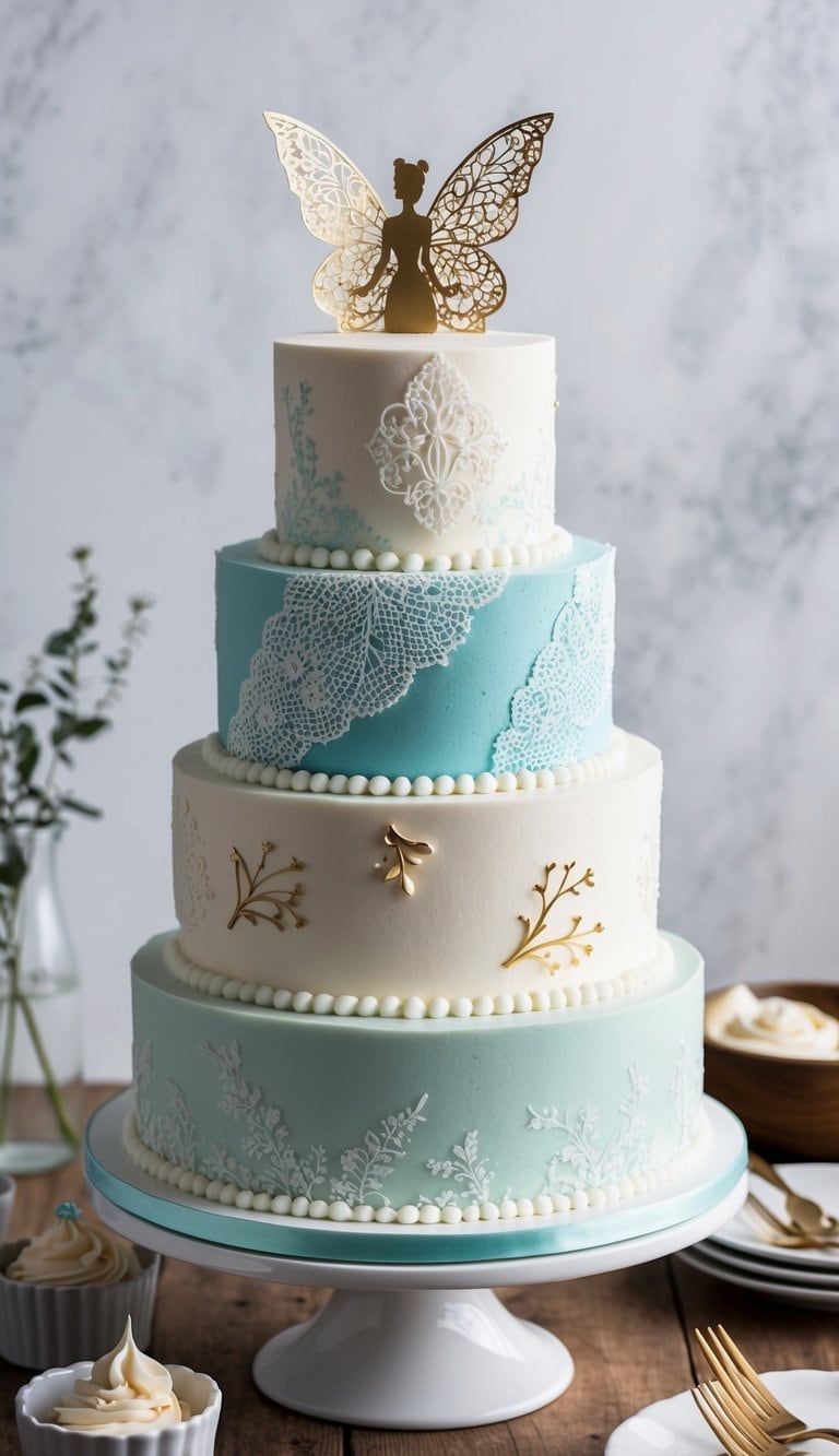 A fairy-themed birthday cake adorned with lace-patterned stencils and delicate icing designs