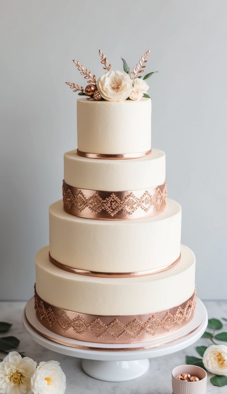 A tiered engagement party cake adorned with rose gold metallic trim and elegant decorations