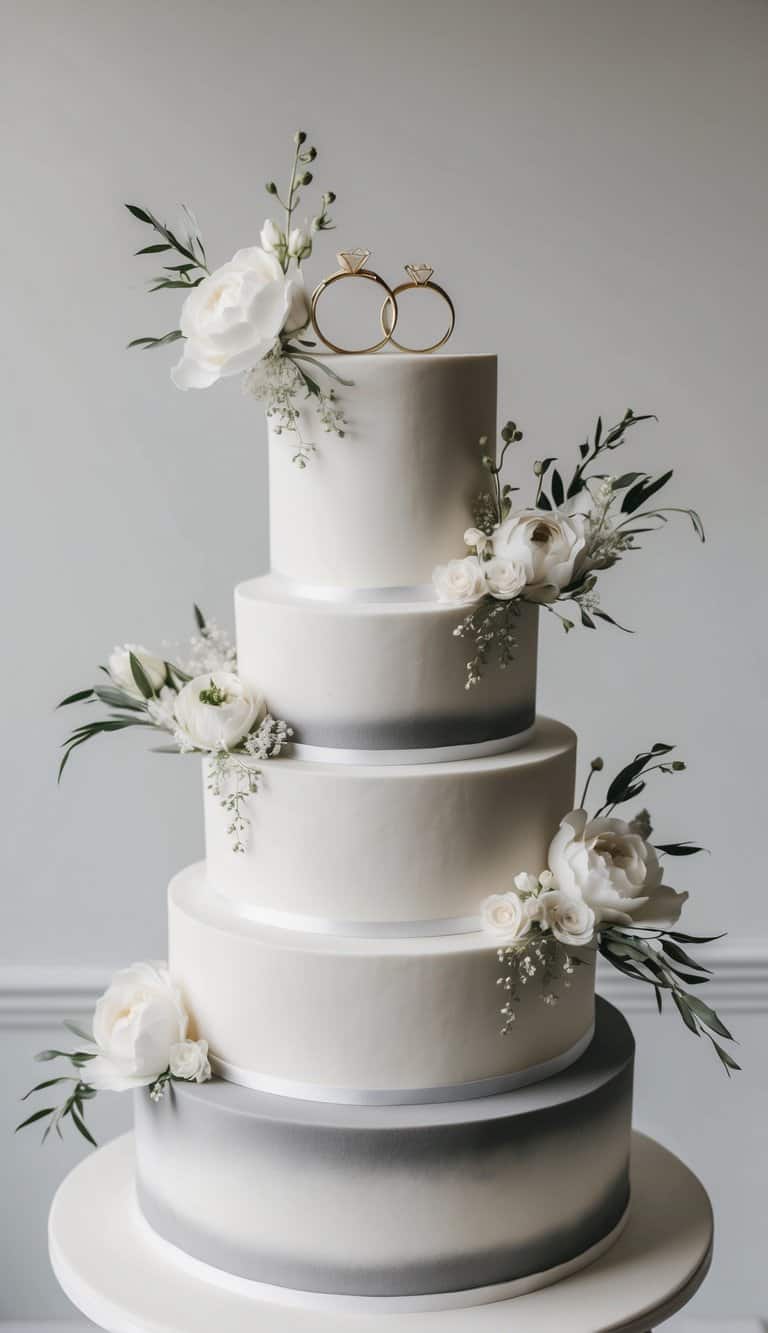 A chic monochrome engagement cake adorned with delicate floral arrangements and a pair of rings as the centerpiece