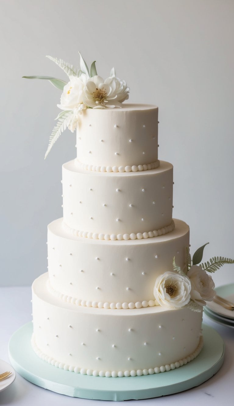 A three-tiered engagement party cake adorned with delicate Swiss dots and elegant decorations