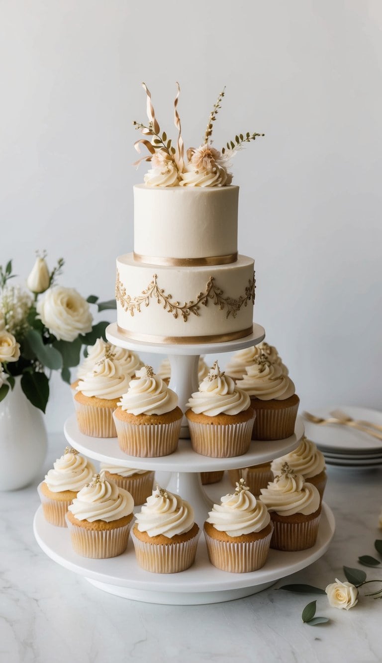 A tiered cupcake display adorned with elegant and celebratory decorations