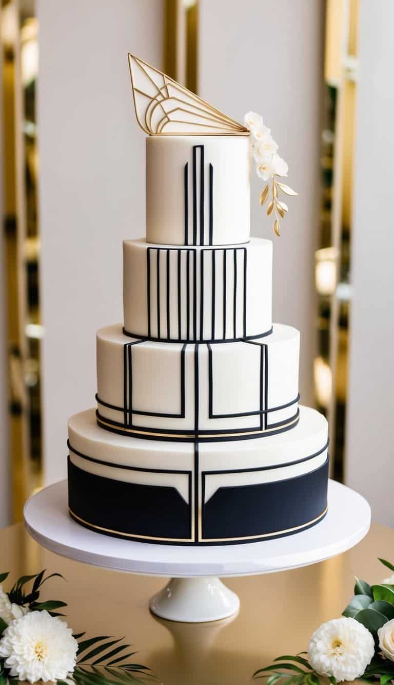 An elegant tiered cake with bold geometric patterns and sleek lines, adorned with Art Deco-inspired details, set against a backdrop of festive engagement party decor
