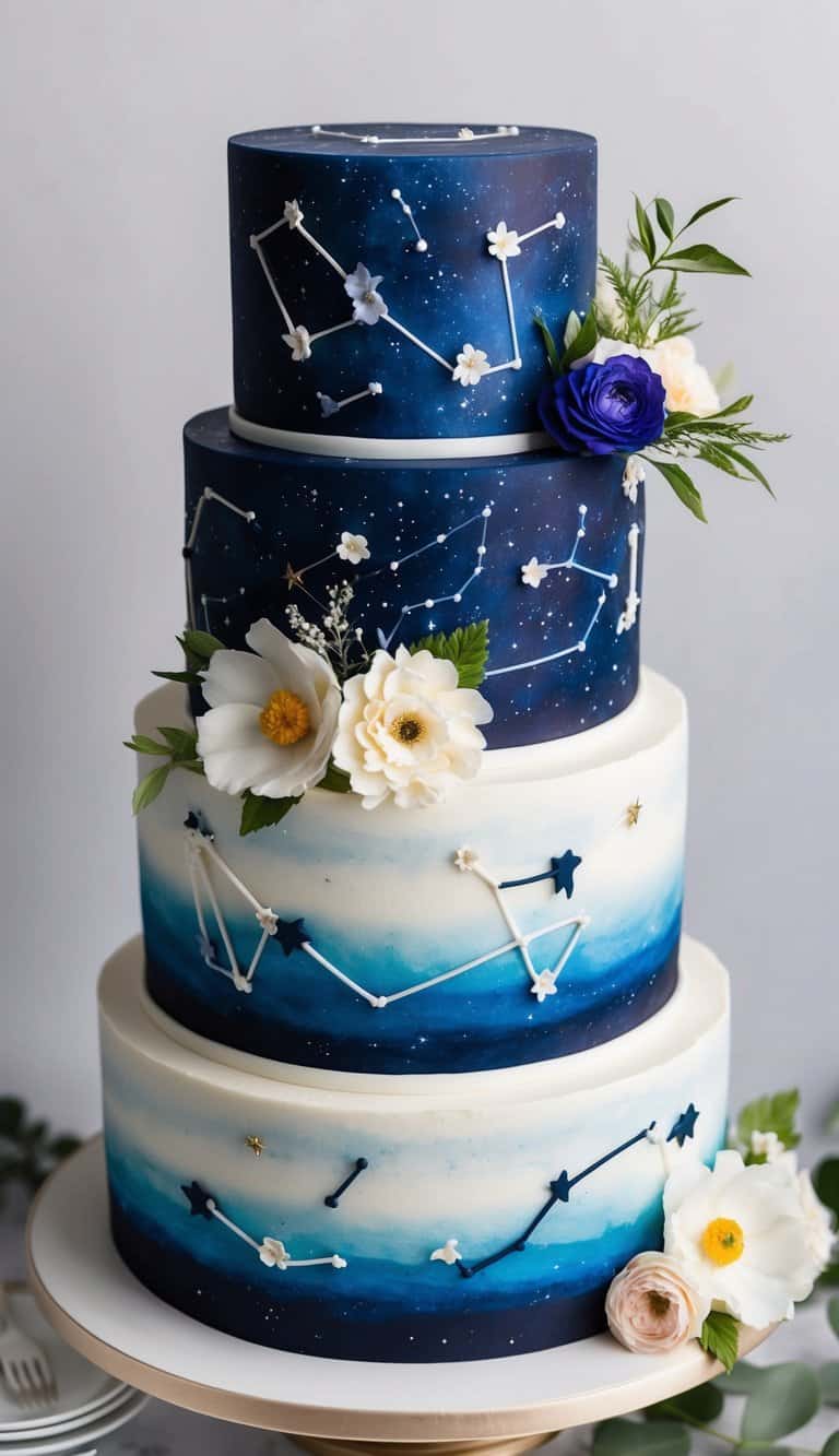 A cake adorned with edible rings, flowers, and celestial constellations under a starry night sky