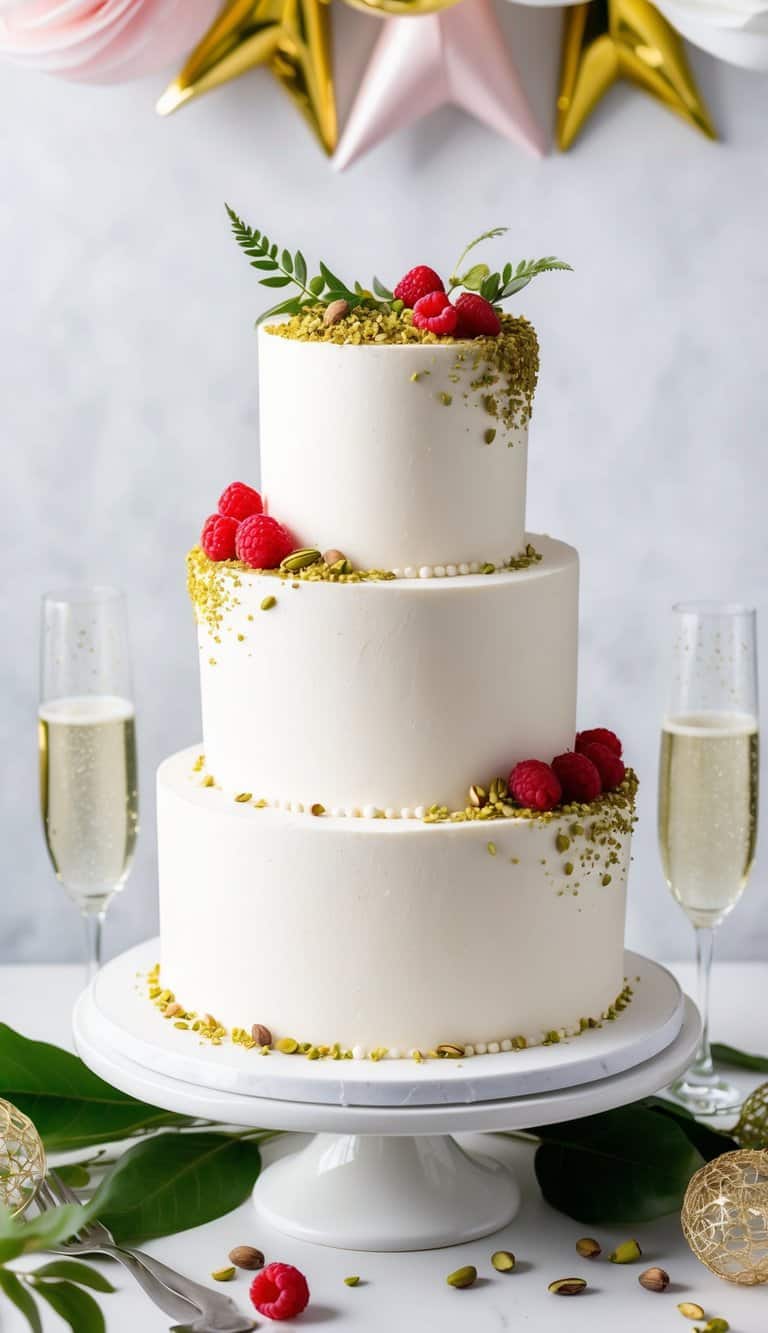 A white engagement party cake adorned with pistachios and raspberries, surrounded by festive decorations and sparkling champagne glasses
