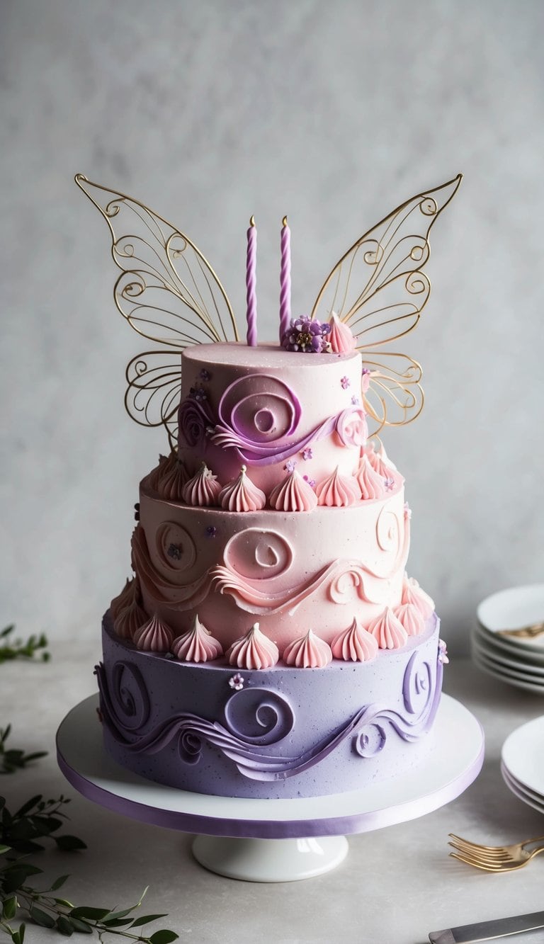 A fairy birthday cake with pink and lavender swirls, adorned with delicate wings and enchanting details