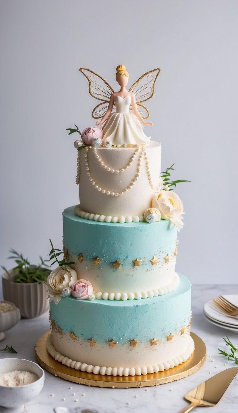 A fairy-themed birthday cake adorned with edible pearls for an elegant touch