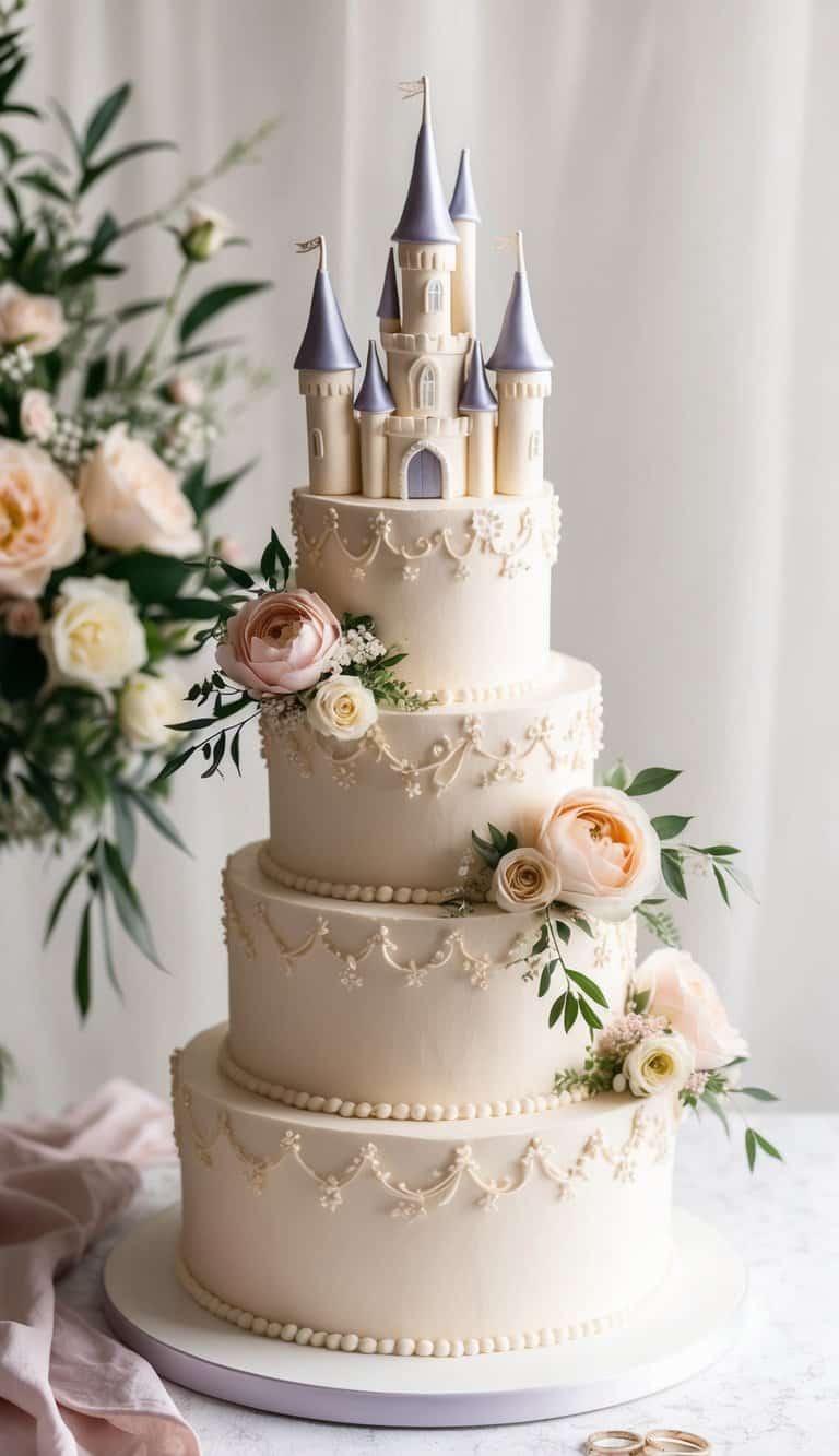 A fairytale castle cake adorned with floral arrangements and engagement rings, set against a romantic backdrop