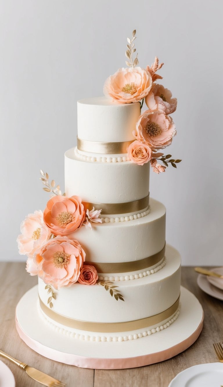 A three-tiered engagement party cake adorned with peach and coral-toned flowers and elegant gold accents