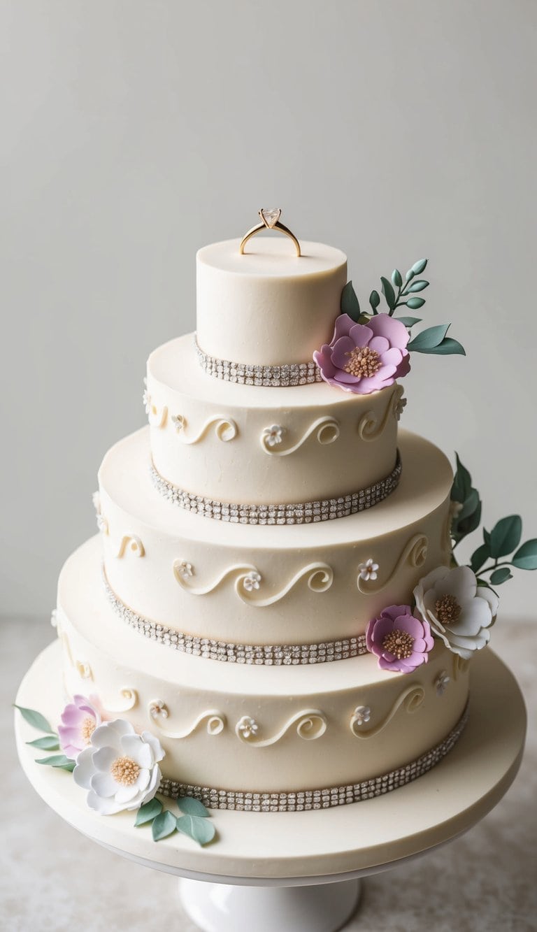 A small engagement ring sits atop a tiered cake surrounded by decorative flowers and elegant swirls