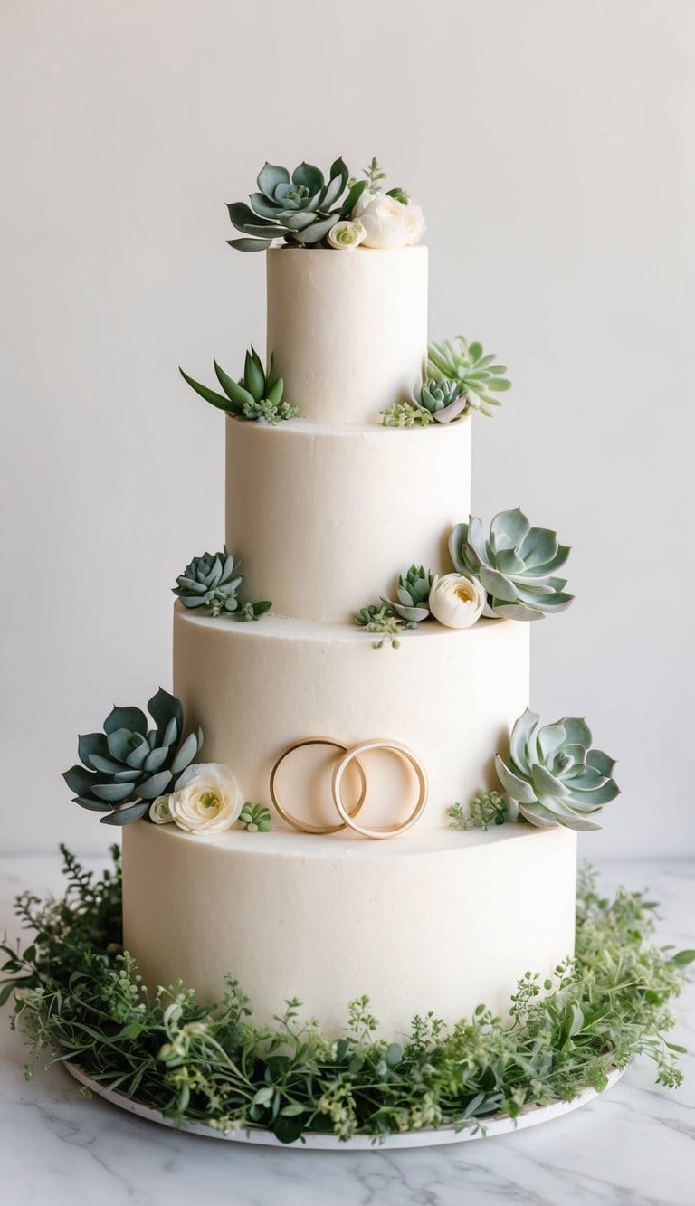 A tiered cake adorned with lush succulents, delicate floral arrangements, and a pair of intertwined rings atop a bed of greenery