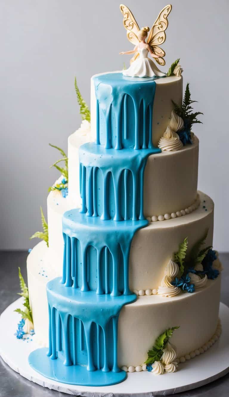 A cascading waterfall of blue icing flows down the tiers of a fairy-themed birthday cake, creating an enchanting and magical effect