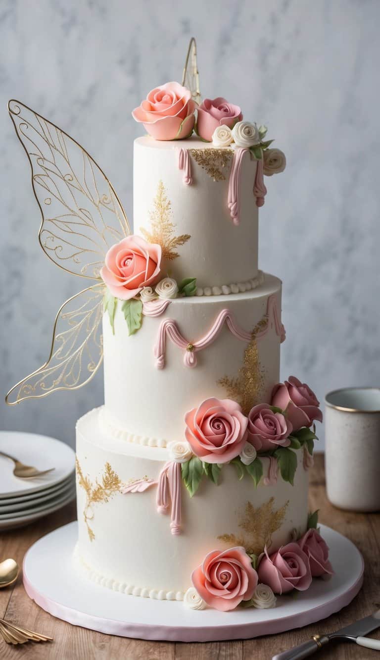 A fairy-themed birthday cake adorned with edible roses for a romantic touch. Delicate wings, enchanting designs, and whimsical details create an enchanting scene for an illustrator to recreate