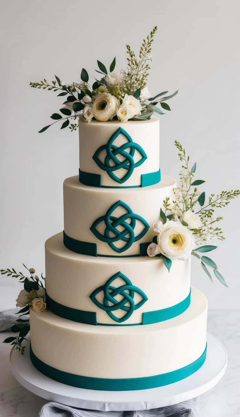 A tiered cake with intricate Celtic knot designs, adorned with rings and floral arrangements