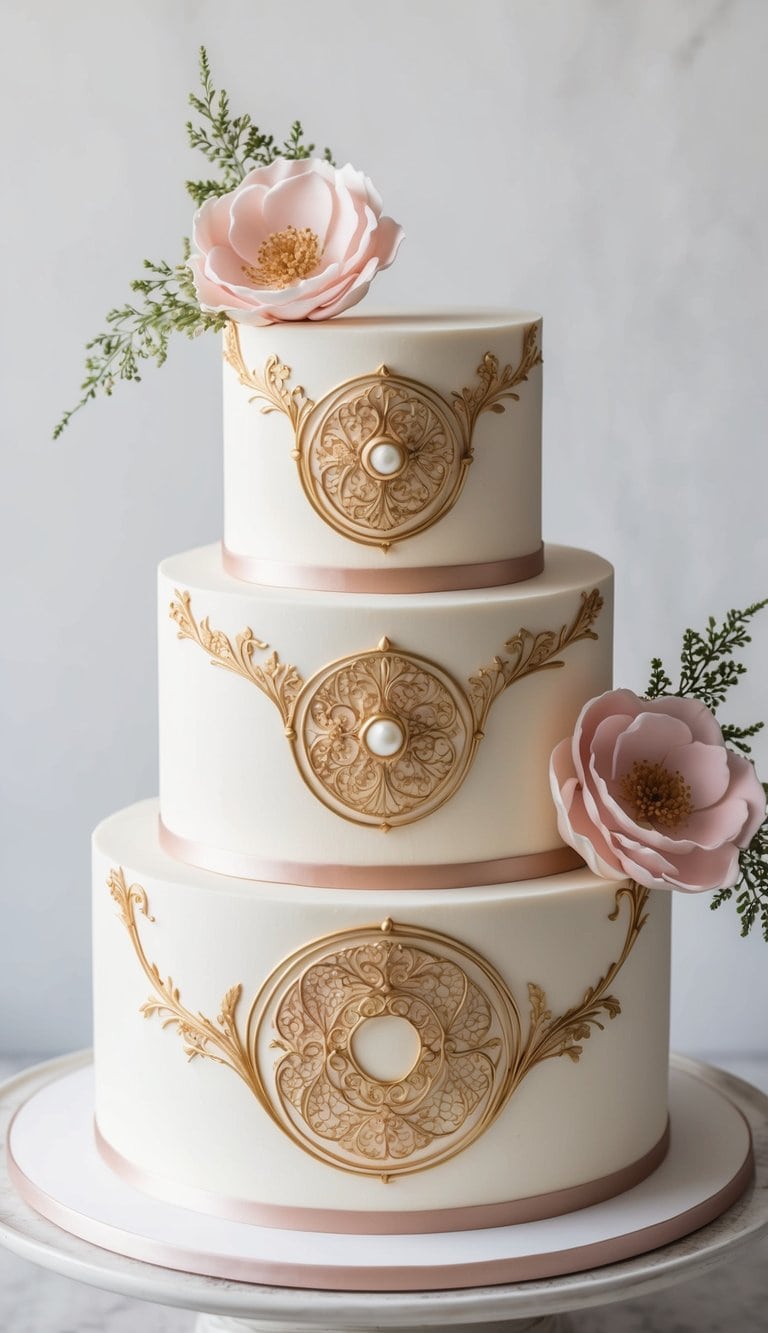 A tiered cake adorned with intricate Art Nouveau-style floral and ring designs