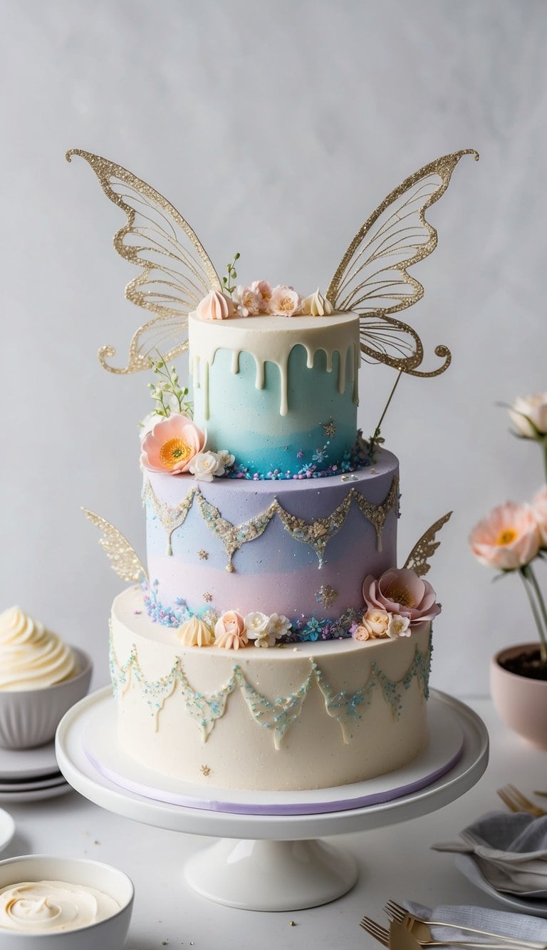 A whimsical fairy-themed banner drapes over a magical birthday cake adorned with delicate wings, flowers, and glittering details