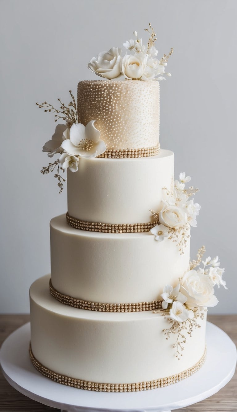 A three-tiered engagement cake adorned with shimmering pearl dust, delicate floral decorations, and elegant gold accents