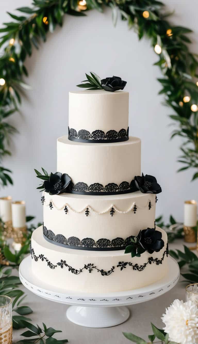 A tiered engagement party cake adorned with elegant black and white decorations, surrounded by festive ambiance