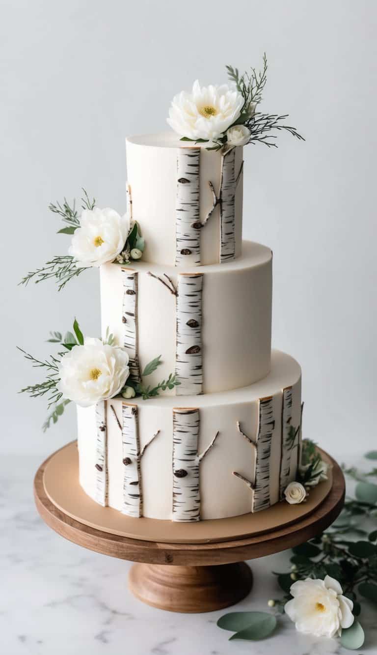 A three-tiered cake with a rustic birch tree design, adorned with delicate white flowers and greenery, sits atop a wooden cake stand