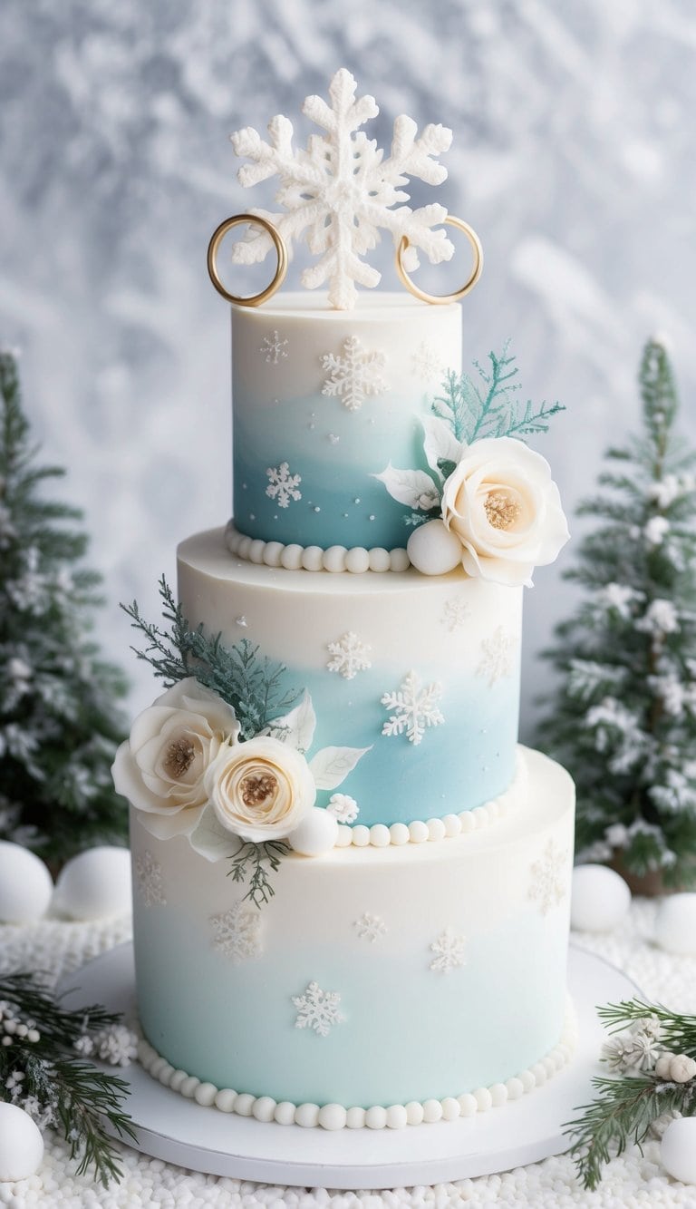 A winter wonderland cake adorned with snowflakes, rings, and floral arrangements, set against a snowy backdrop