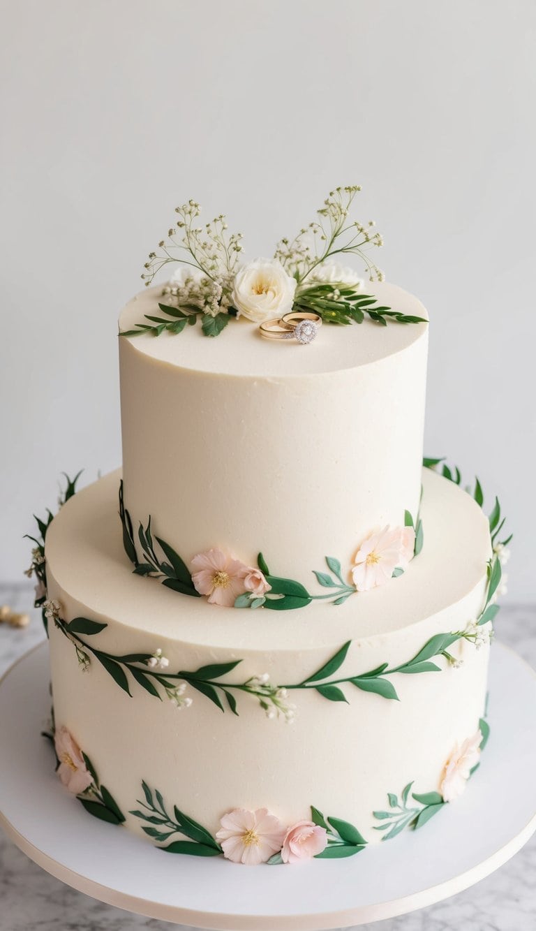 A round cake with a floral wreath border, topped with two engagement rings and delicate floral arrangements