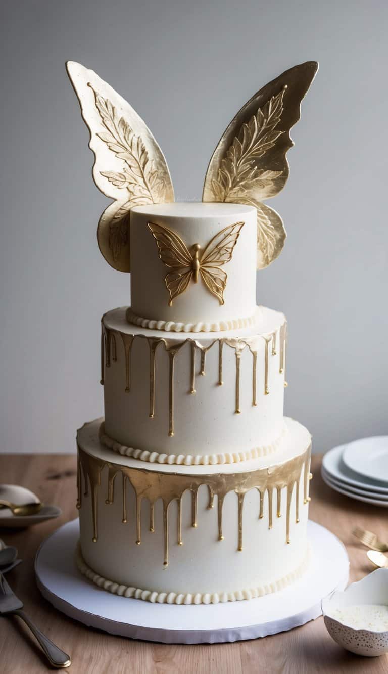 A fairy-themed birthday cake adorned with metallic edible paint, featuring delicate wings and enchanting designs