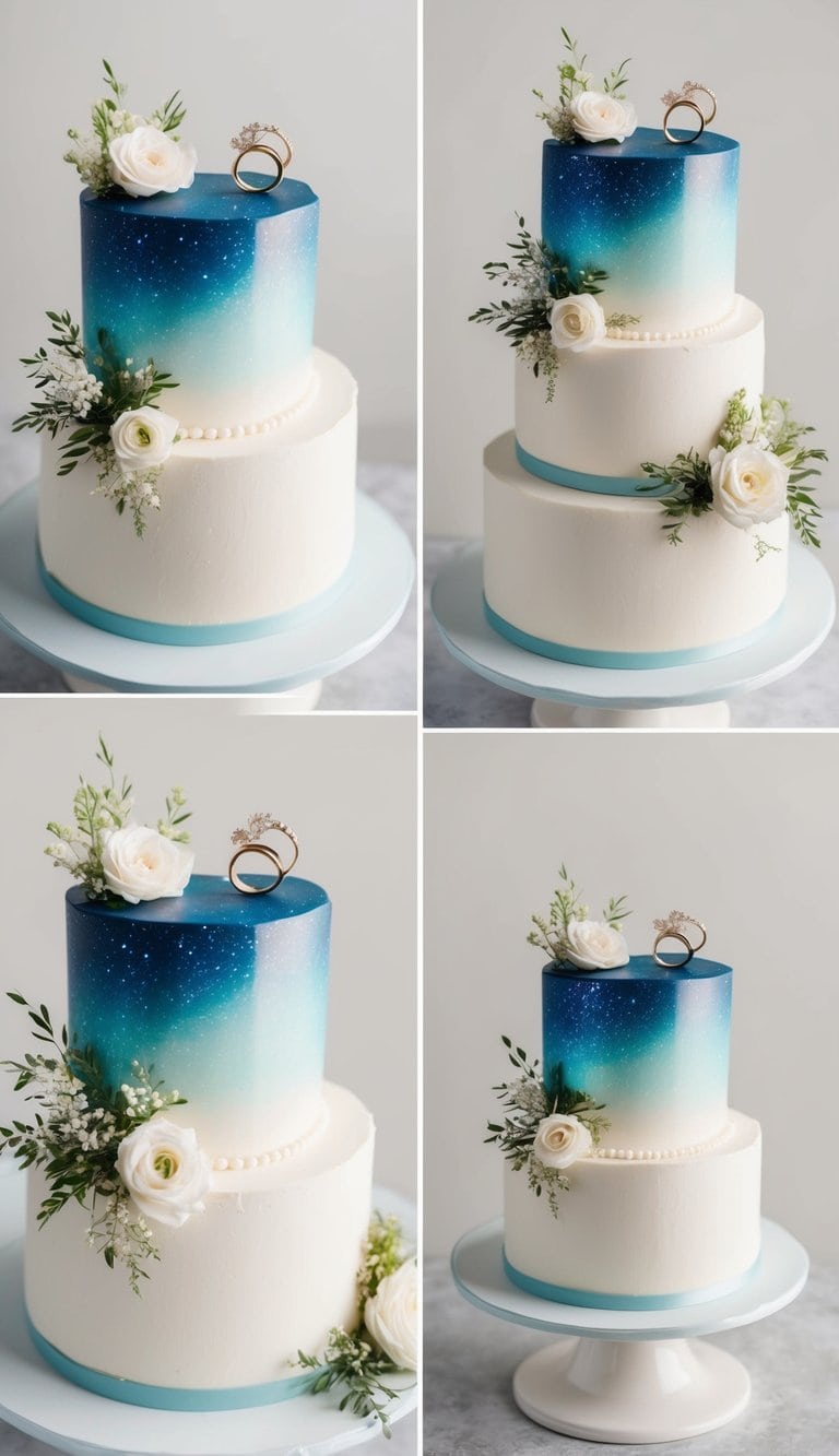 A cake adorned with shimmering Northern Lights and delicate floral arrangements, with two intertwined engagement rings as the centerpiece