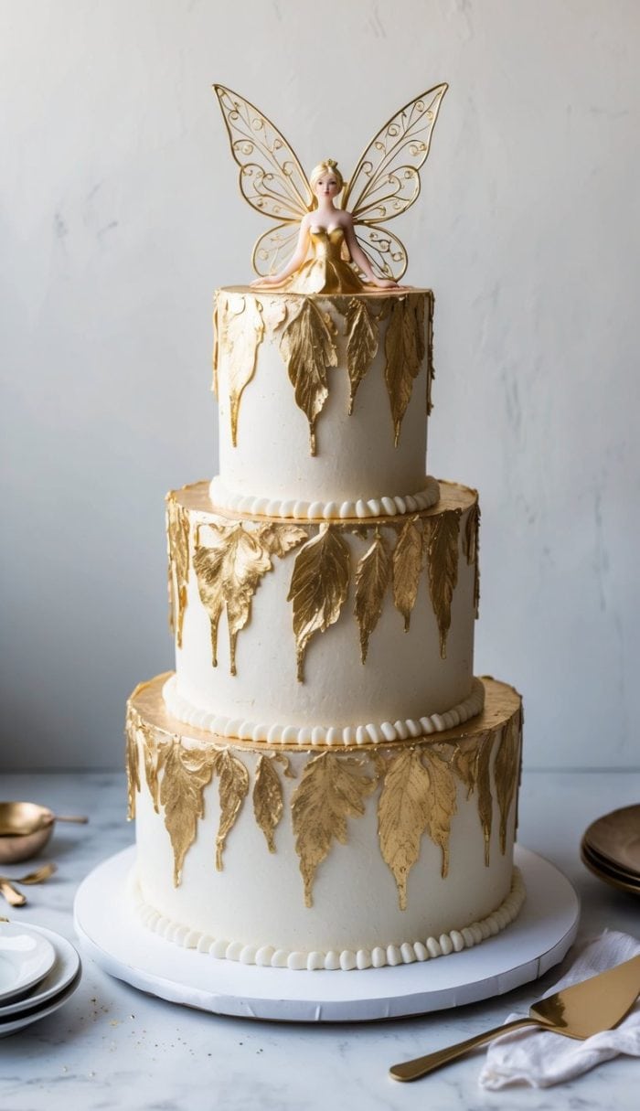 Three-tiered white cake adorned with gold leaves and drip accents. A small fairy figurine with wings sits on top. Plates and cutlery are arranged nearby on a table.