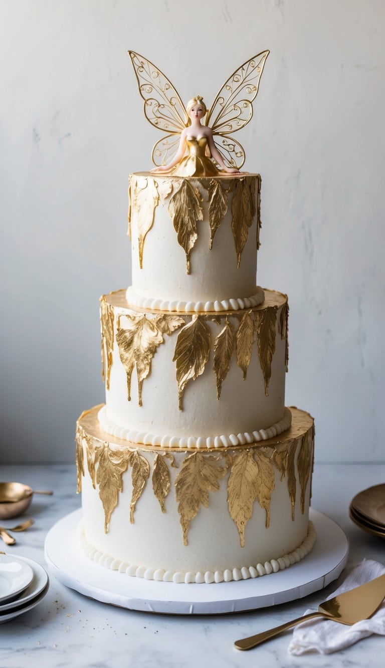 A fairy-themed birthday cake adorned with intricate gold leaf detailing