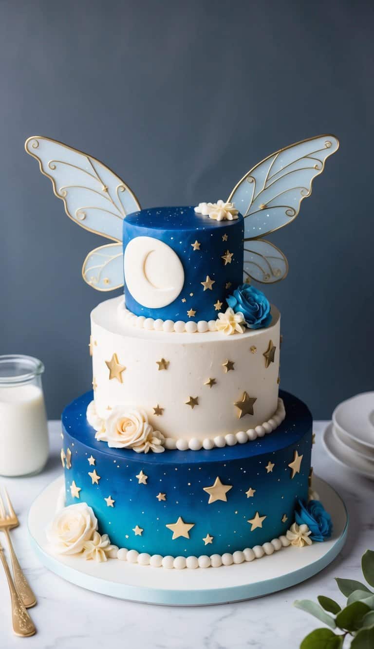 A moon and stars-themed cake with night sky colors, adorned with delicate fairy wings and enchanting decorations