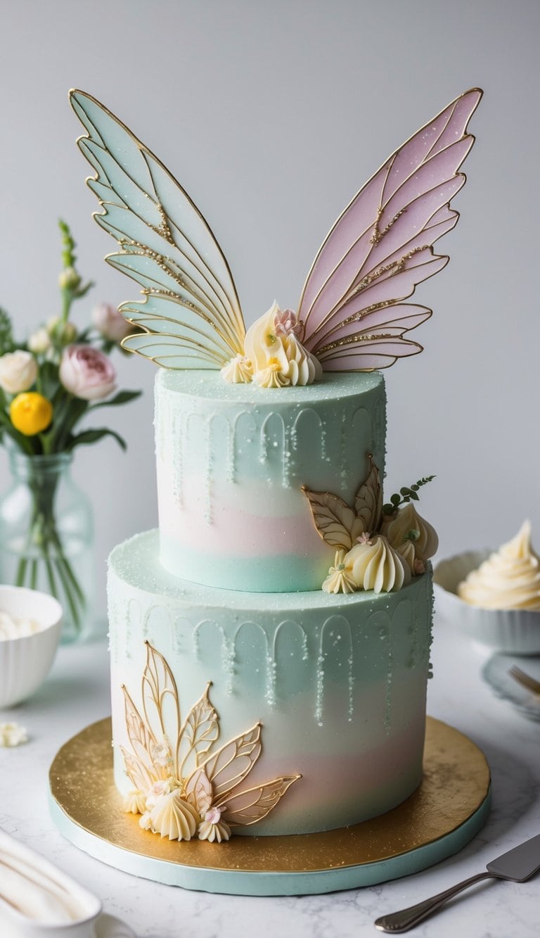 Soft pastels mimic morning dew on a fairy-themed birthday cake, featuring delicate wings and enchanting designs
