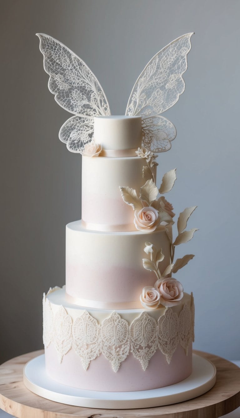 A fairy-themed cake adorned with intricate sugar lace detailing and delicate wings