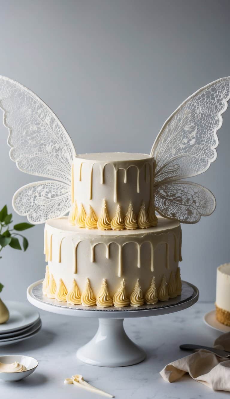 Delicate edible lace forms fairy wings on a whimsical birthday cake