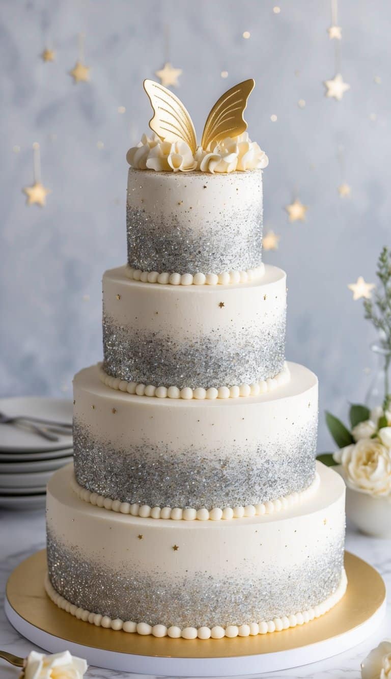 A fairy cake adorned with edible glitter, sparkling like magic under a twinkling starlit sky