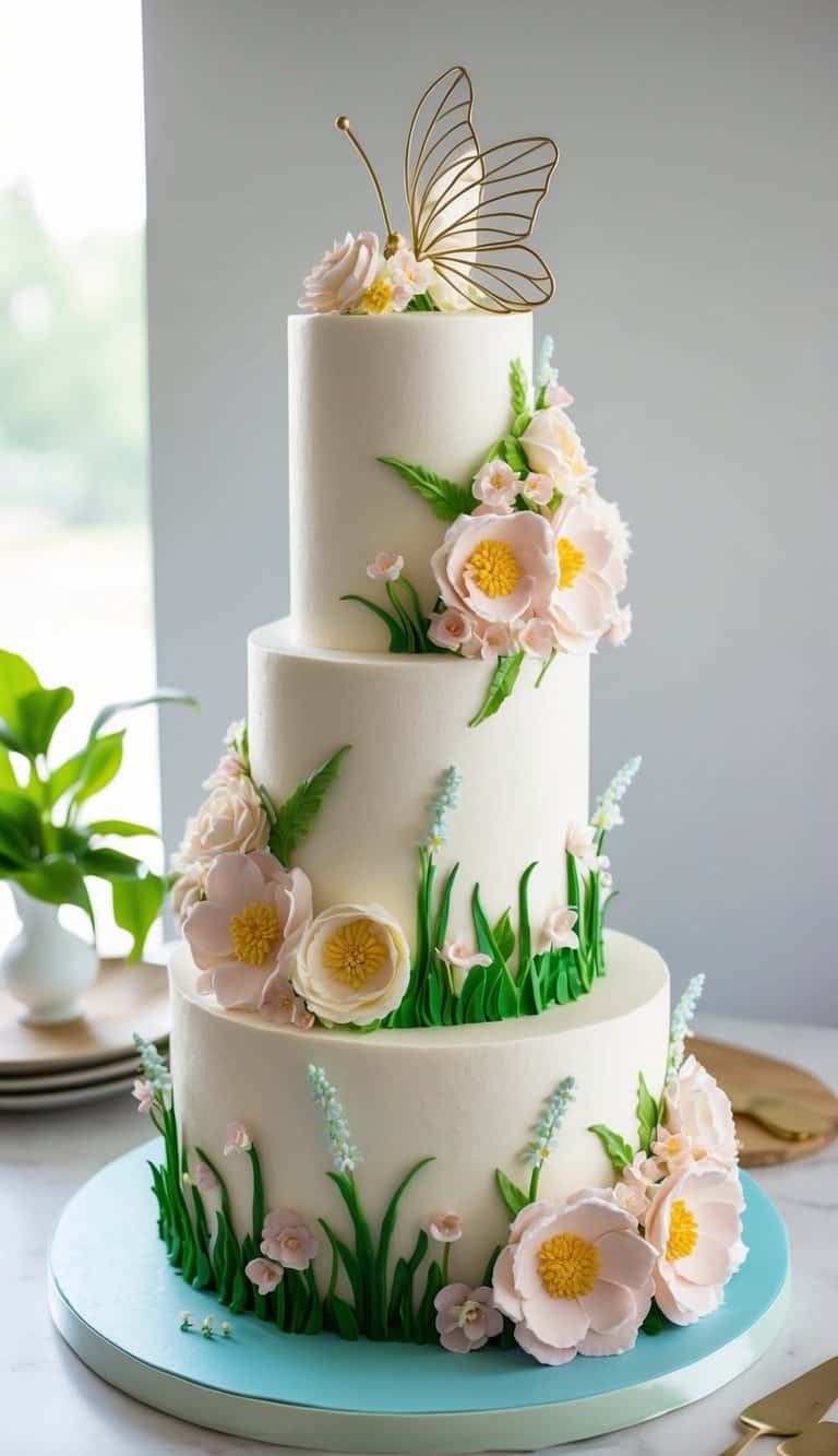 A whimsical garden of buttercream flowers adorning fairy-themed cakes