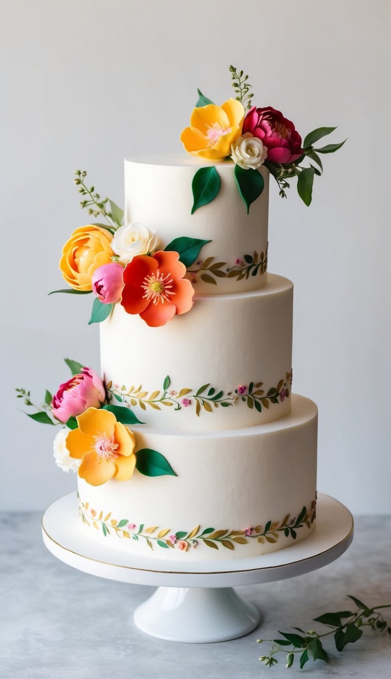 A three-tiered cake adorned with vibrant floral buttercream blooms