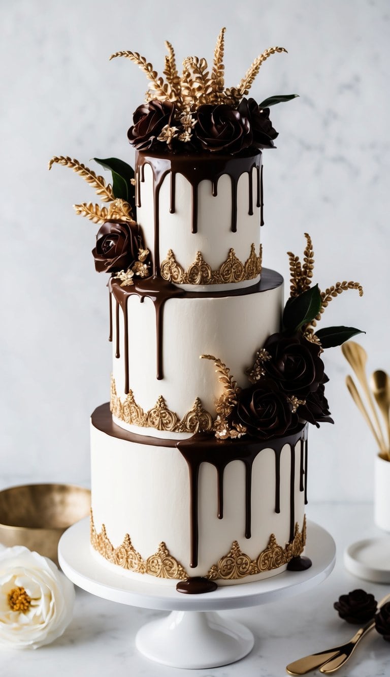 A decadent chocolate ganache drip cascading down a lavish and ornate cake with intricate piping designs