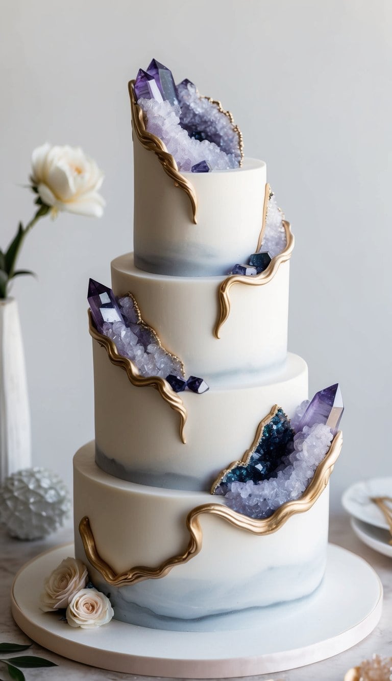 A geode crystal cake adorned with intricate piping and luxurious design