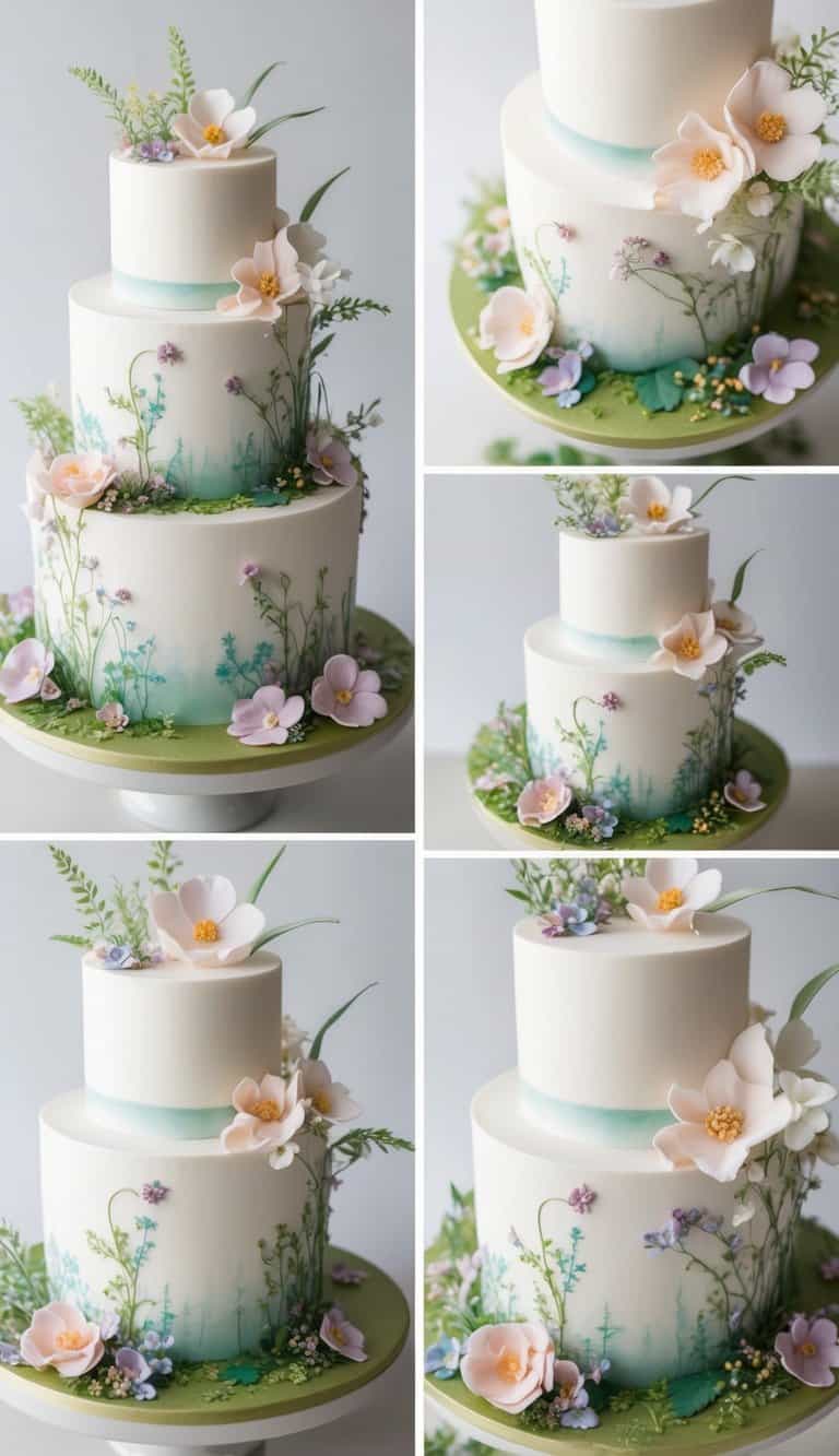 A whimsical fairy garden adorned with delicate sugar flowers and enchanting cake designs
