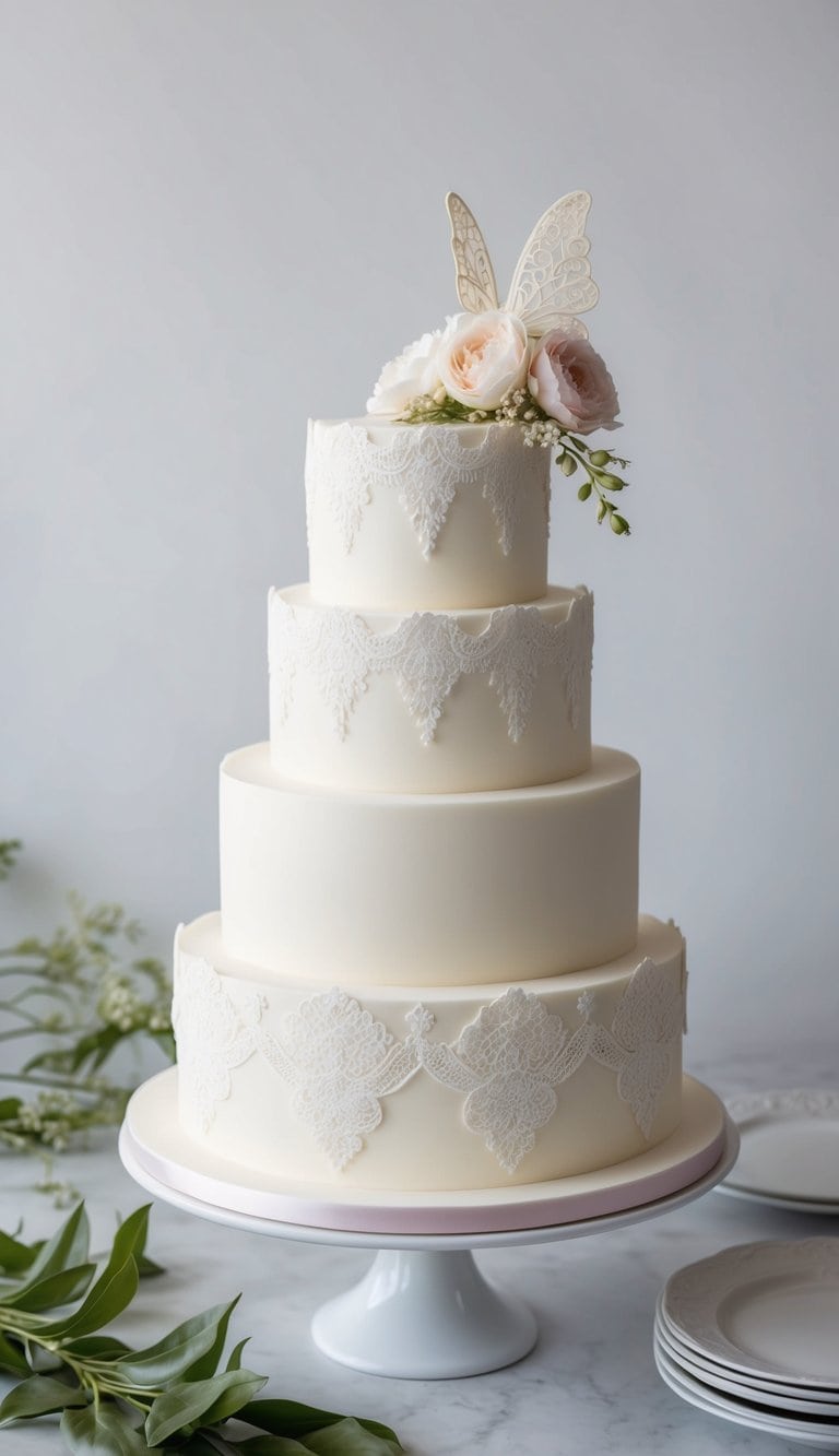 A fairy cake adorned with delicate edible lace, inspired by ethereal fairytales