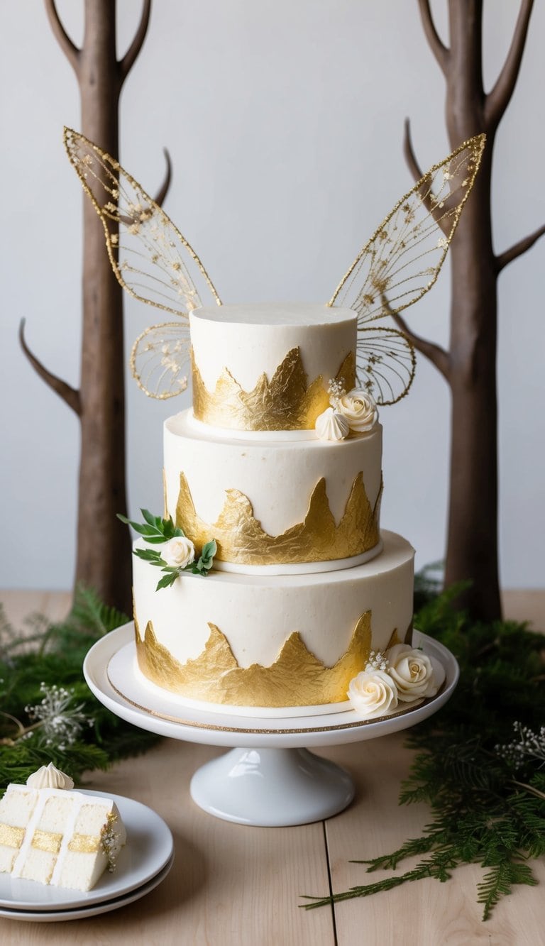 A whimsical cake adorned with edible gold leaf for sparkle, surrounded by enchanted forest elements and delicate fairy wings
