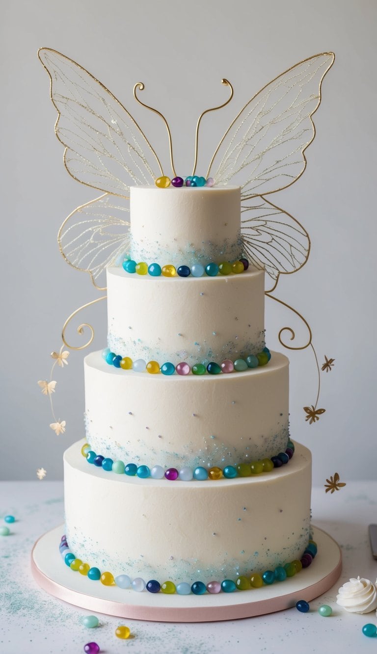A whimsical cake adorned with edible gemstone candies, surrounded by delicate fairy wings and sparkling fairy dust